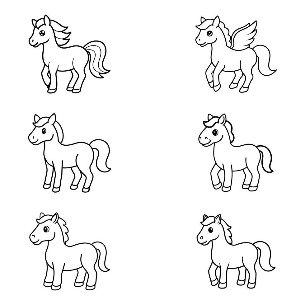 Six Adorable Cartoon Horses Line Art Illustrations vector