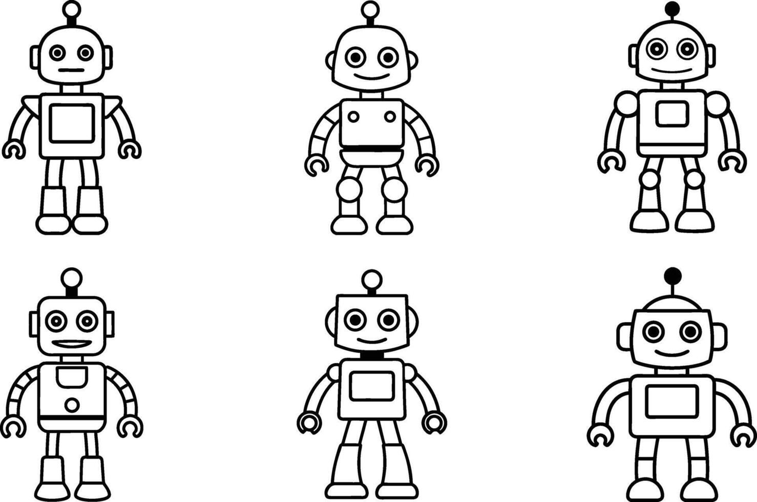 Six Cute Robot Illustrations Line Art Set vector