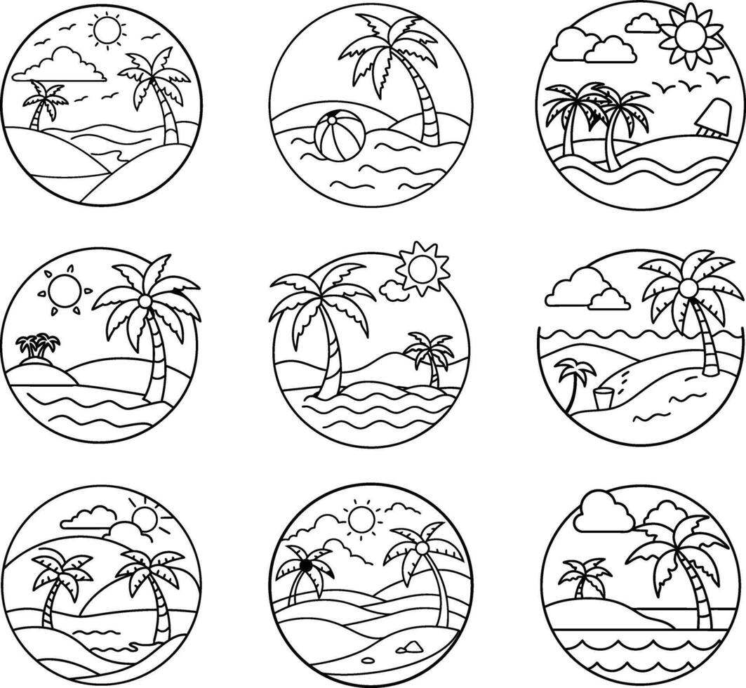 Nine Tropical Beach Scenes Line Art Illustrations vector