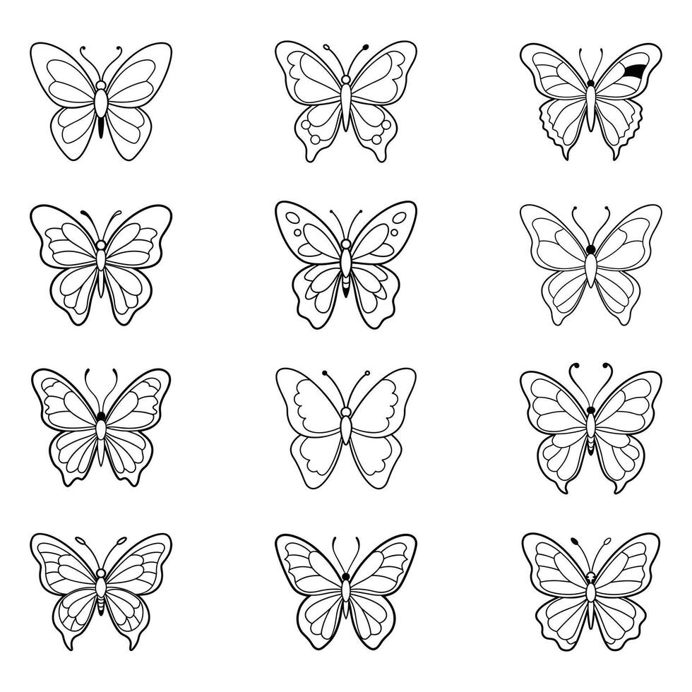 Twelve Line Art Butterflies Collection for Coloring Book vector