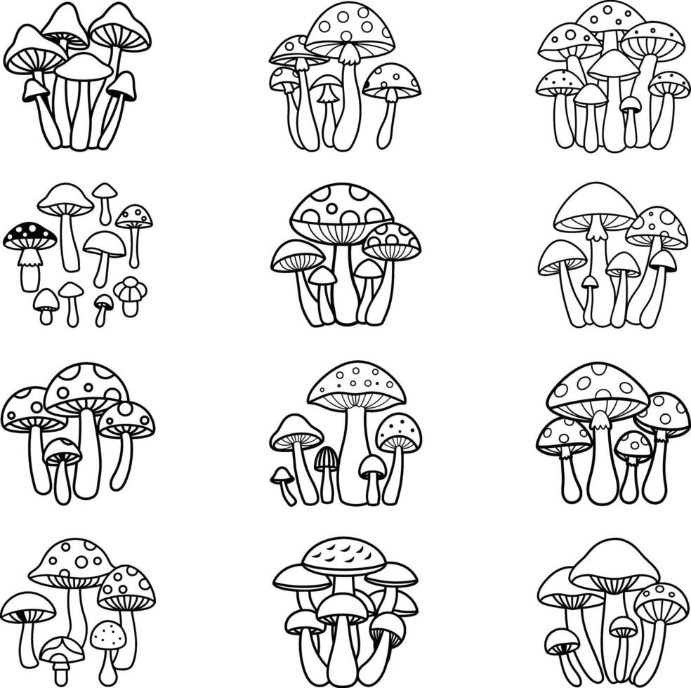 Nine Sets of Line Art Mushrooms for Coloring Pages vector