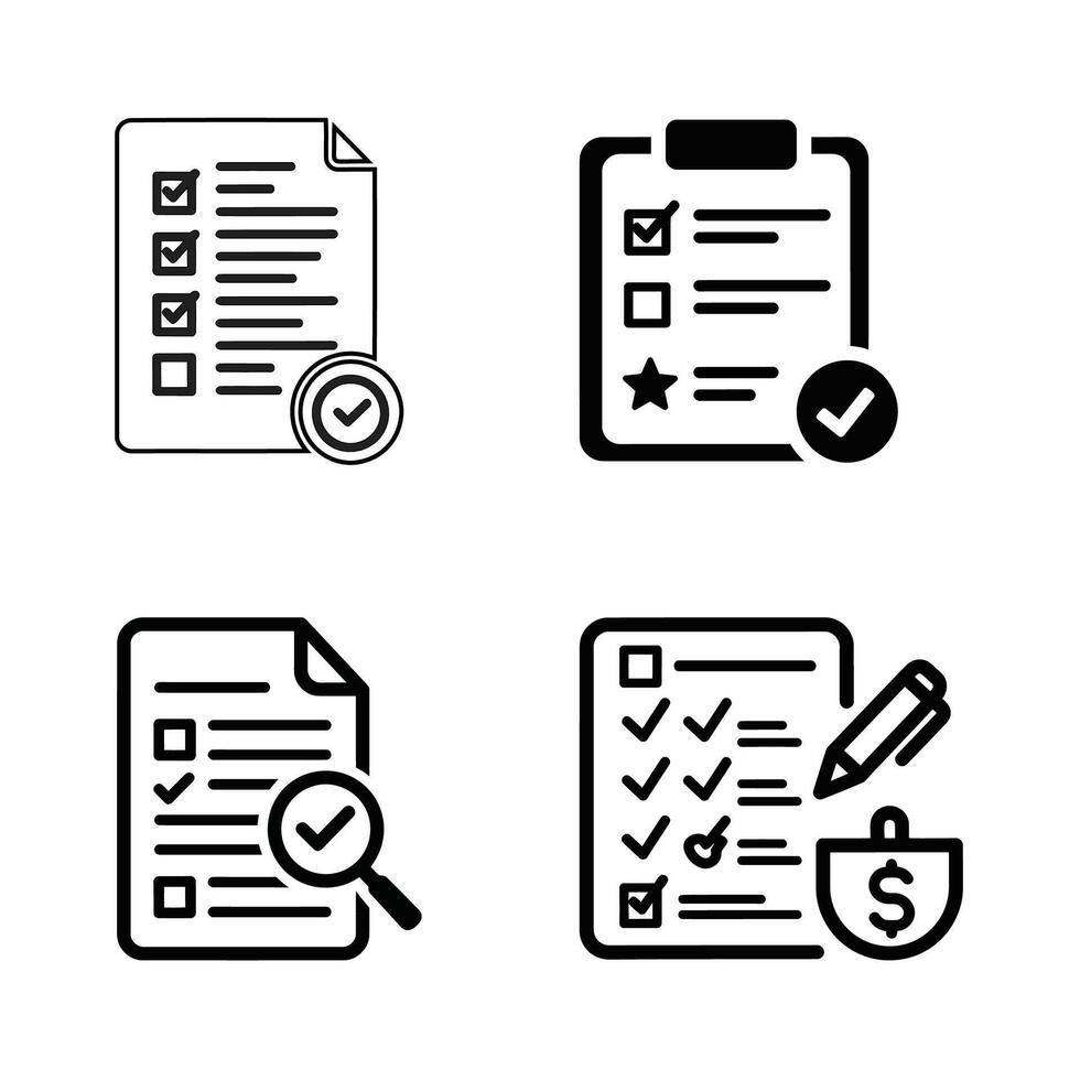 Checklist icon set. Clipboard checklist or document. Checkmark, document, checkbox on paper and more. Clipboard concept. illustration vector