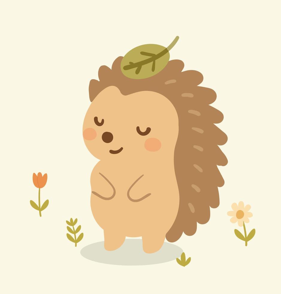 Kawaii hedgehog in flat style. Gorgeous little hedgehog. Cartoon illustration for print, paper, textile, design for baby clothe. Cute little character. EPS10. Illustration vector