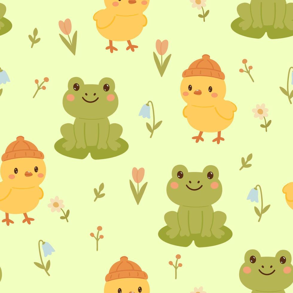 Kawaii frog and chick seamless pattern with summer meadow flowers. Childish illustration pastel palette on green background for baby prints, textiles, packaging, wallpaper vector