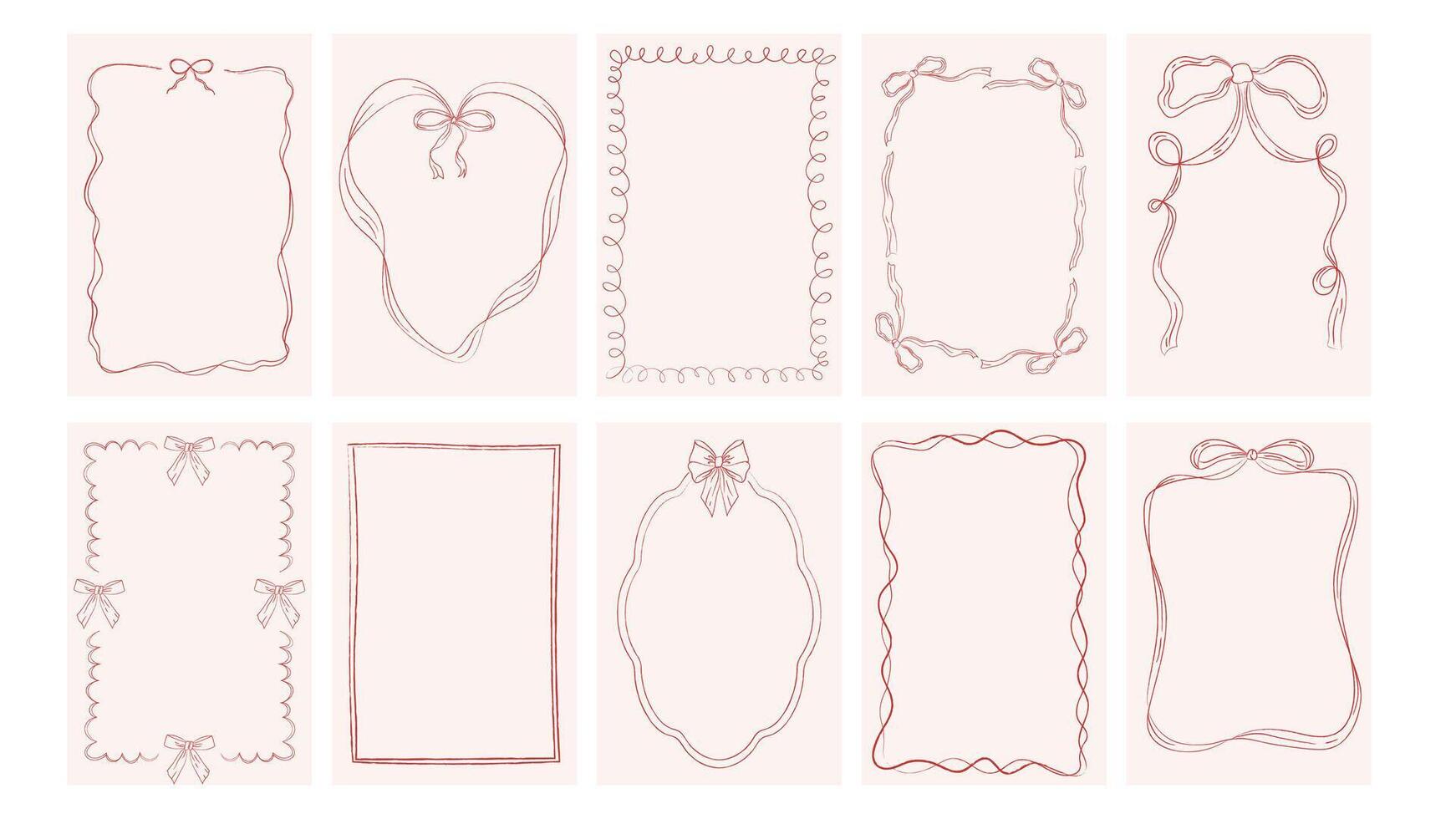 Set of hand drawn vintage frames. Wavy ribbon borders, retro bows. templates for graphic design vector