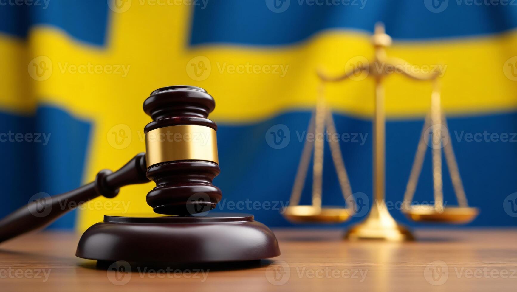 Swedish Justice Gavel and Scales of Justice before the Swedish Flag photo