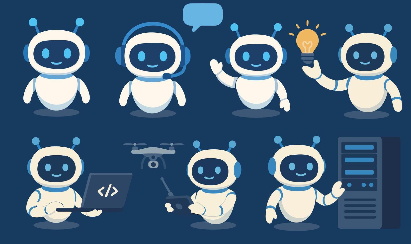 Set of Ai Chatbot Doing Different Activities. vector