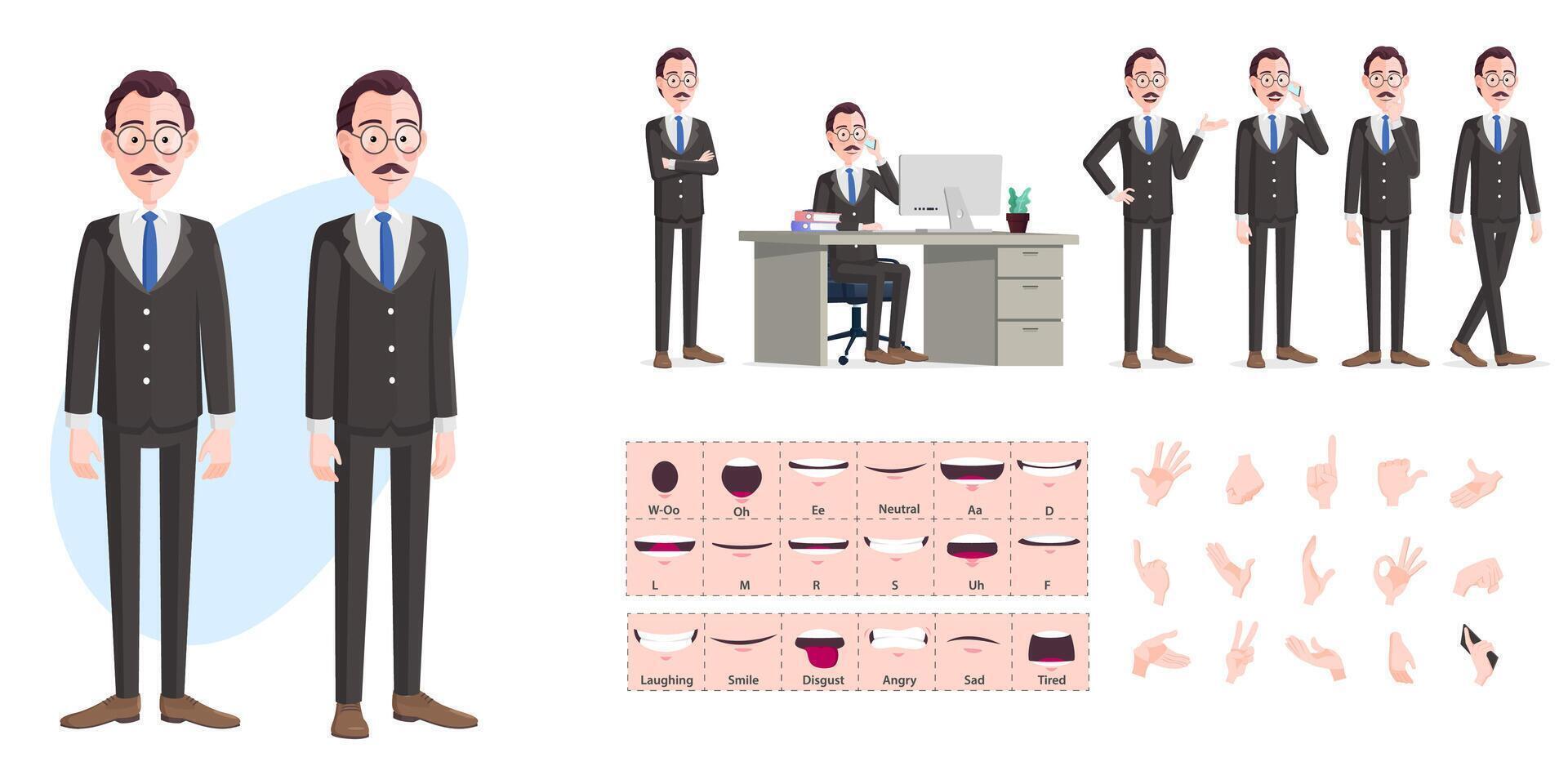 Cartoon Businessman Character Creation Set, Cartoon Man wearing Business Suit with Movable Joints, Animation, Lip-sync, Hand Gestures, Emotions and Poses, Premium vector