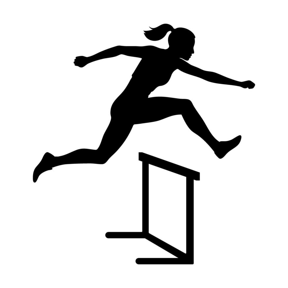 Silhouette of a female athlete jumping a hurdle during a 100 meter hurdles race vector