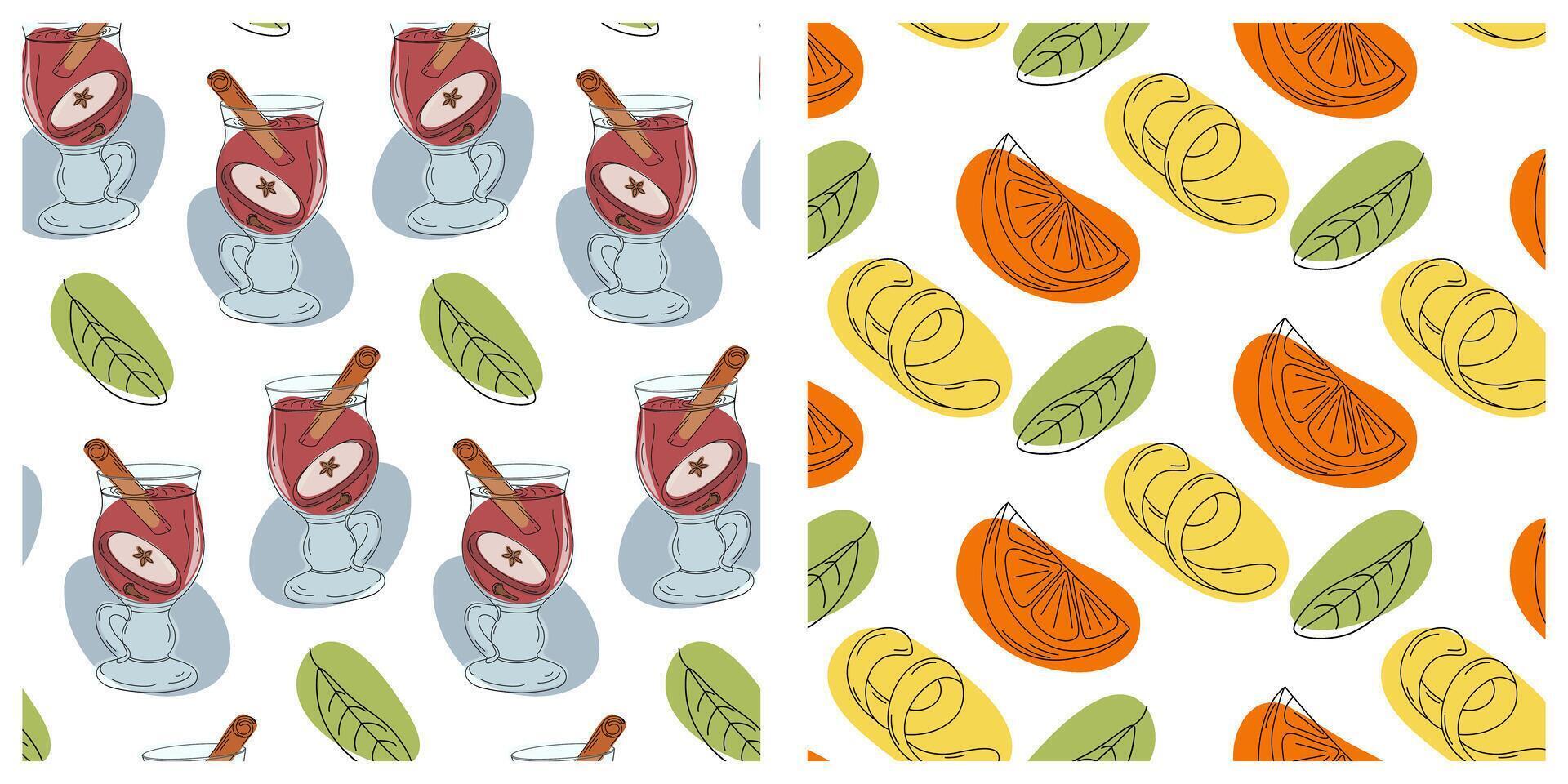 Mulled wine in Glass cup, Cinnamon stick, fruit or citrus slices with rind Seamless Pattern Cozy Set. Isolated illustration Wallpaper Wrapping or web promo banner, leaflet Thematic cards, label vector