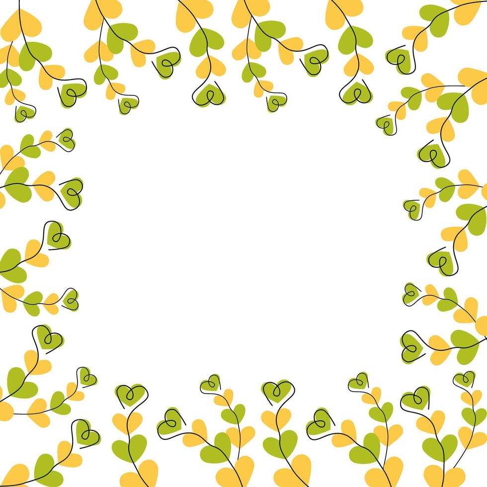 Outline Heart shape twigs on green and yellow heart shape Square Frame border Copy space Template. Isolated Illustration Thematic Seasonal Cards Poster or web promo banner, leaflets, price tag vector