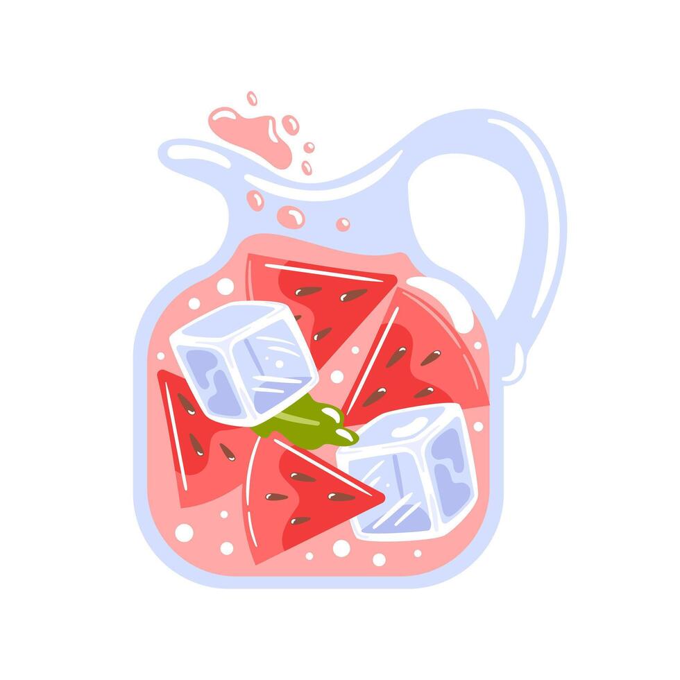 illustration depicts a refreshing watermelon lemonade in a glass pitcher, filled with ice cubes. colors and inviting design capture the essence of summer, perfect for beverage menus, cookbooks vector