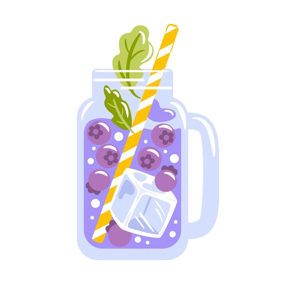 Refreshing blueberry lemonade in a clear glass mug, garnished with berries and mint leaves, topped with ice cubes, served with a colorful straw. Perfect for a hot summer day. vector