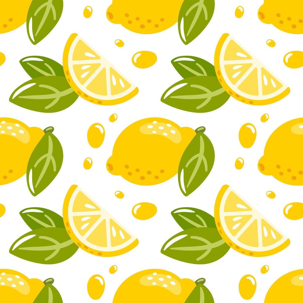 A seamless pattern featuring vibrant lemons and leaves. The playful design features whole lemons and slices, making it ideal for packaging, textiles, and summer-themed projects. vector