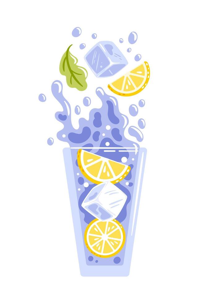 illustration of a refreshing drink in a clear glass, juicy lemon slices and ice cubes. Lively splashes and bubbles add a sense of movement, capturing the essence of summer. vector