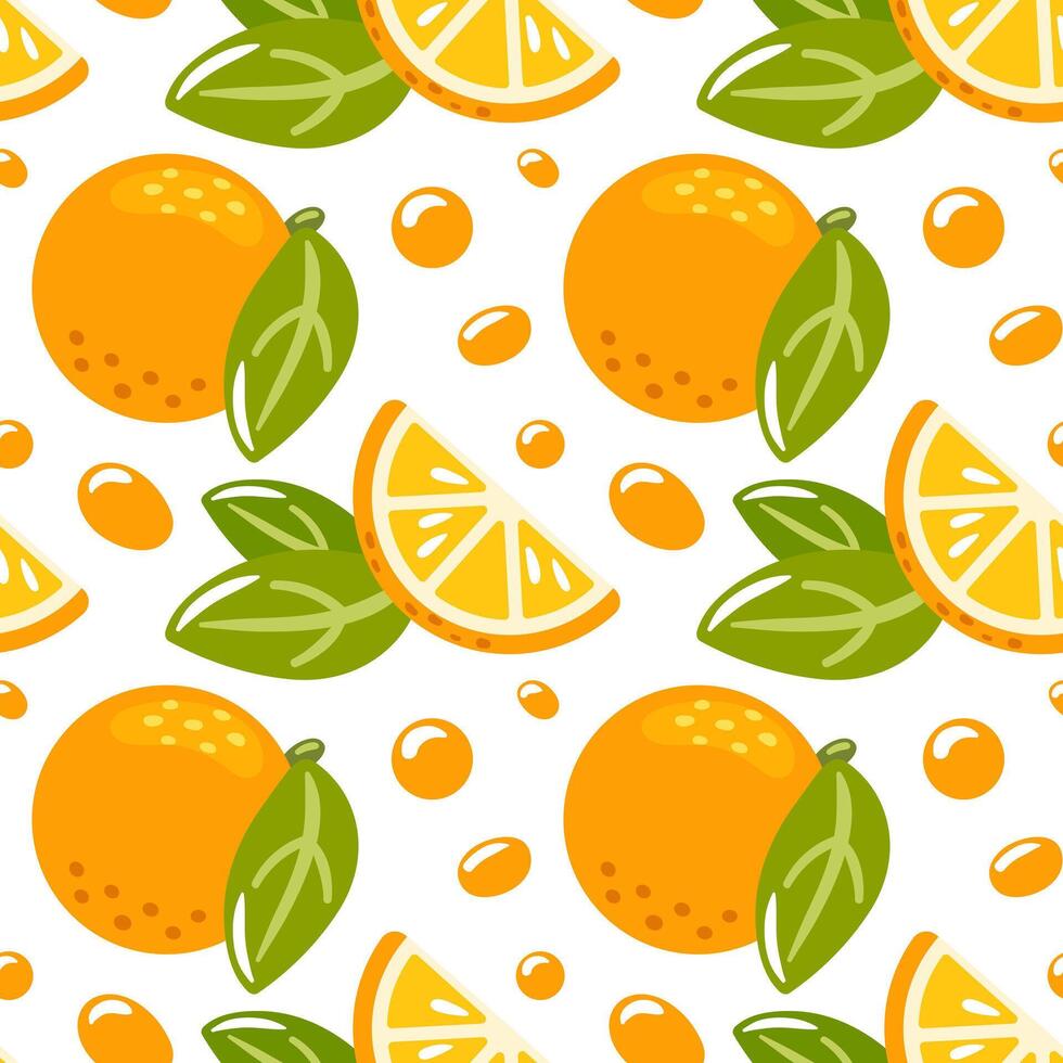 seamless pattern features vibrant oranges, bright background. The playful design showcases whole oranges and slices, making it perfect for packaging, textiles, and summer-themed projects. vector