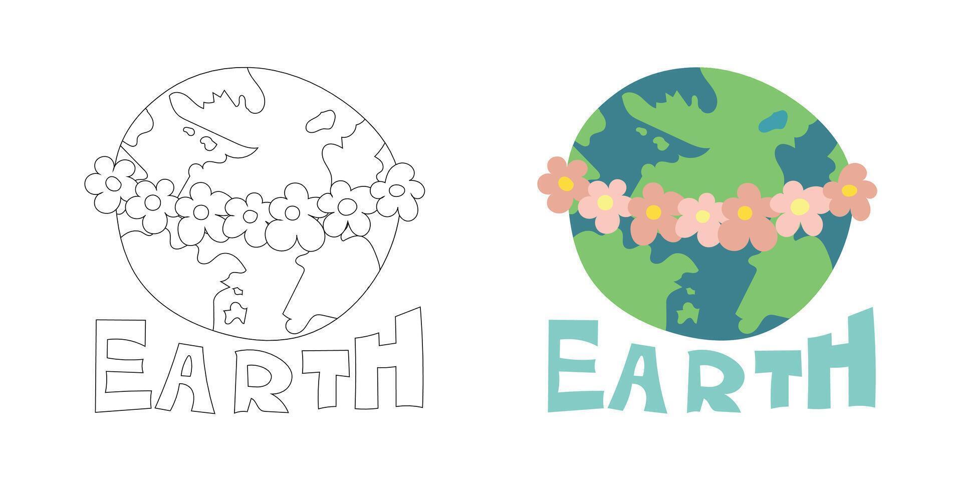 Earth globe decorated with floral garland and soft colors, expressing love for the planet, peace, and ecological care in a joyful, friendly style vector