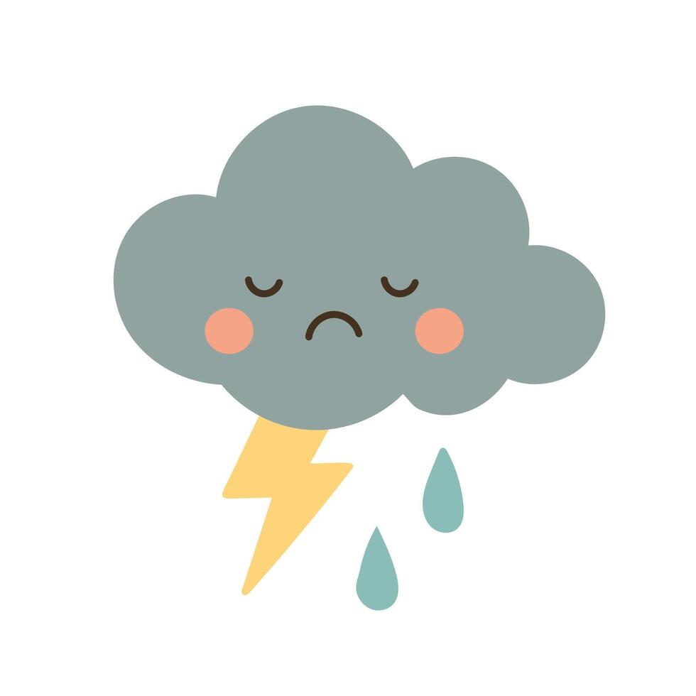 Sad thundercloud with lightning bolt and raindrops, designed for weather icons, gloomy mood graphics, storm alerts, and educational weather art vector