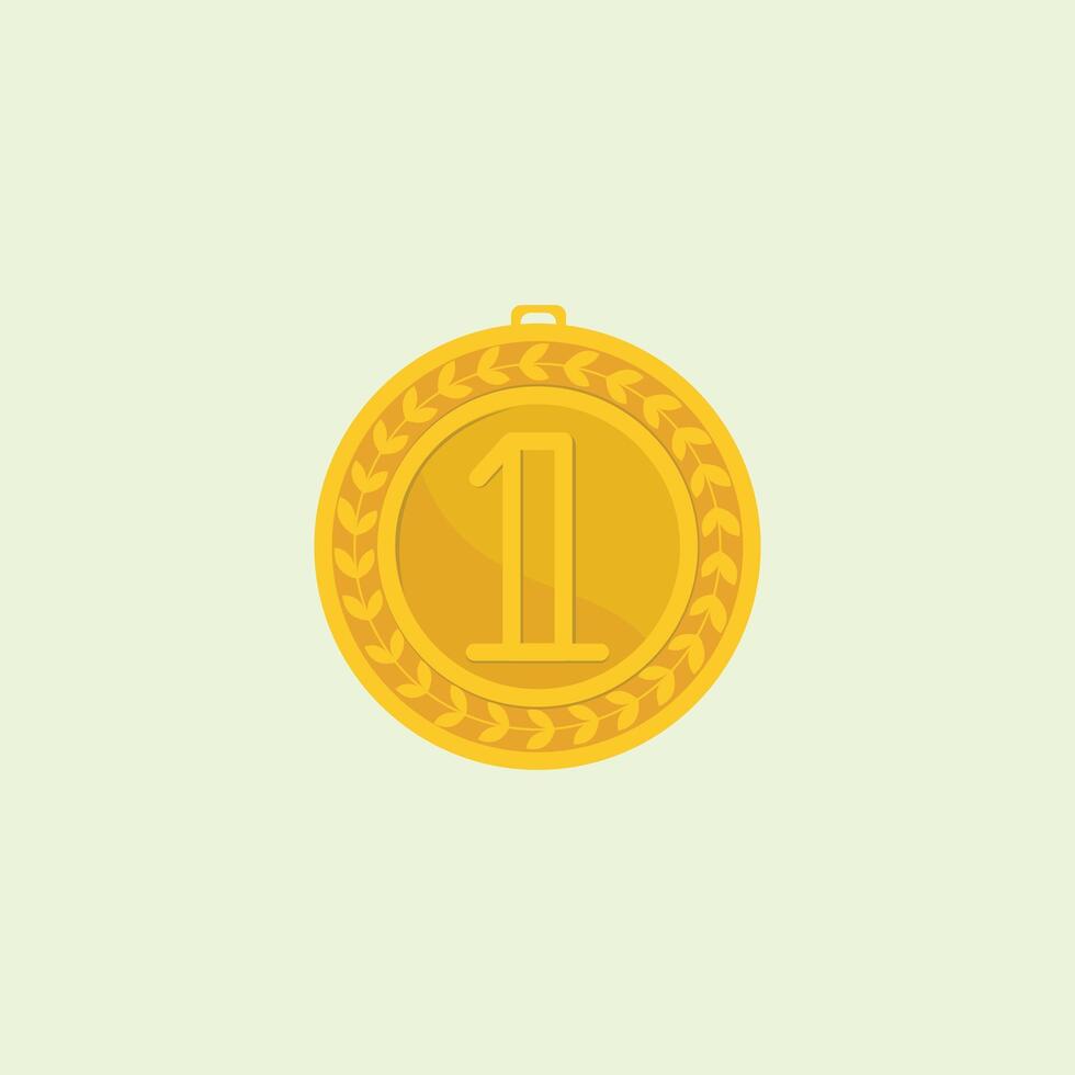 Medal icon. First place. Illustration in flat style. Gold medal for first place with the words rank 1. Symbol of Victory, achievement and pride in the rank obtained. vector