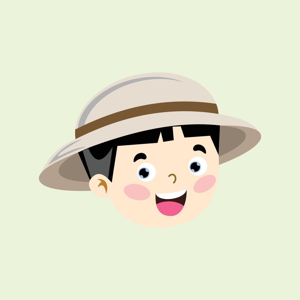 cute boy wearing safari hat on green background. Illustration of a child who loves adventure wearing adventurer attributes. Design element illustration children vector