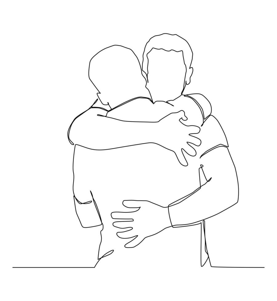 Continuous one line art of men are hugging, concept teamwork, team building. vector