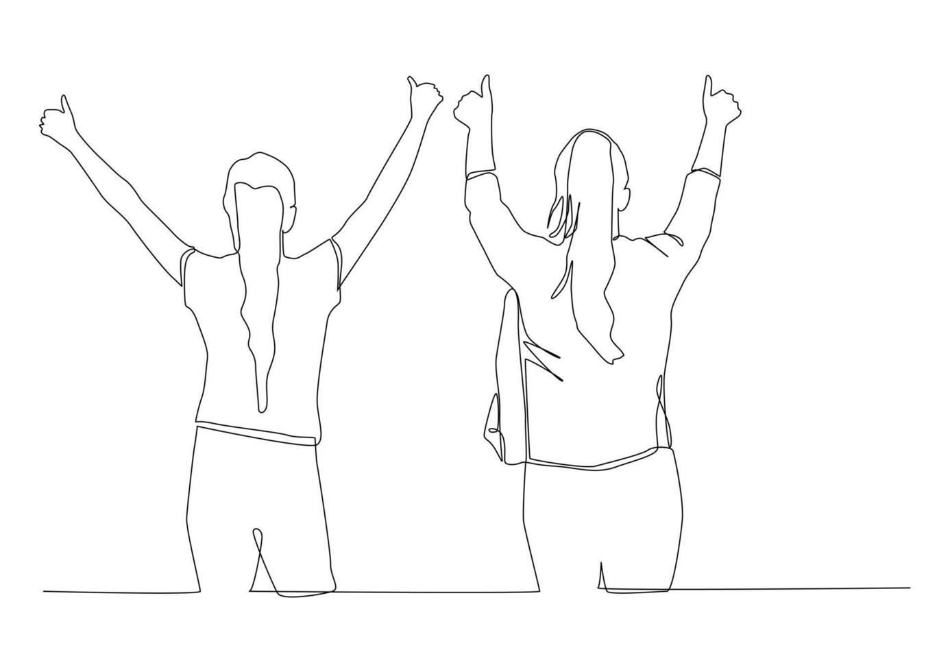 Continuous one line art of a company of friends in one black outline. The silhouette of two close friends who go somewhere and rejoice. vector