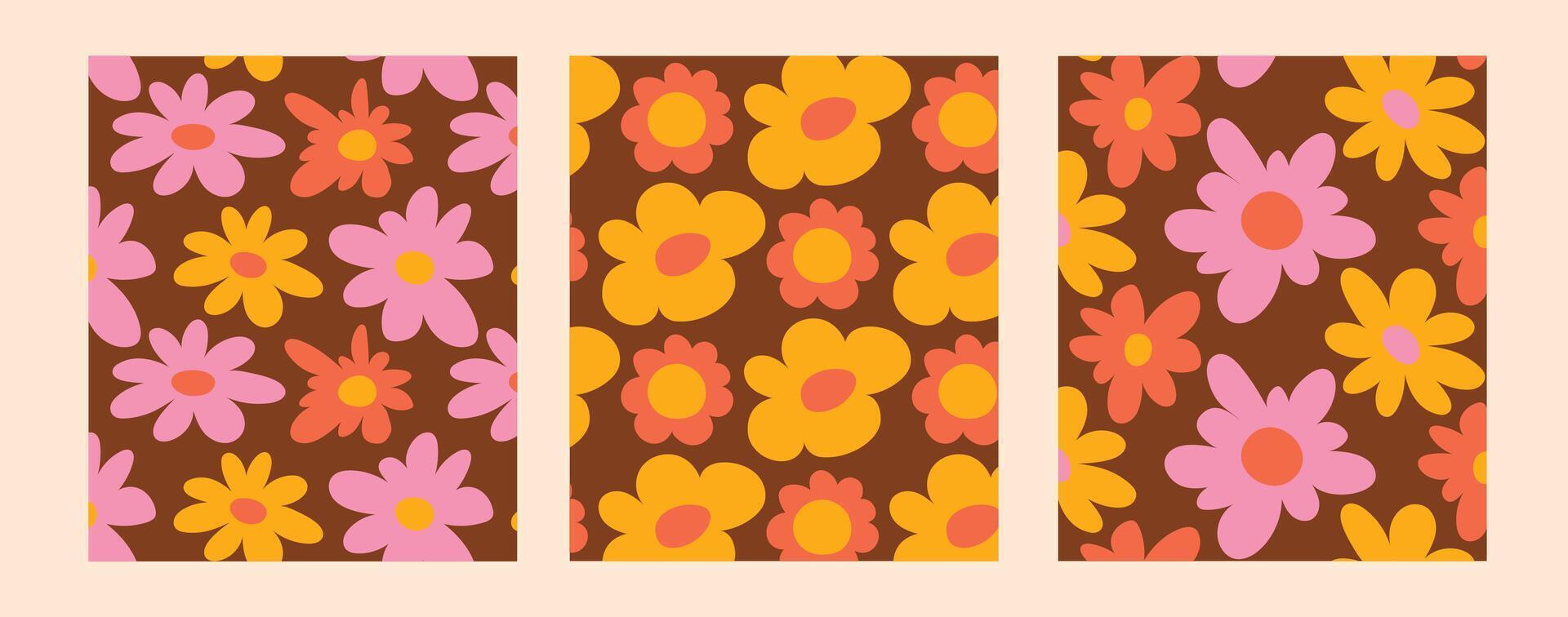 A set of three retro floral patterns in brown, pink and yellow tones. Perfect for nostalgic prints, textiles or packaging, you can change the background under the flowers. vector