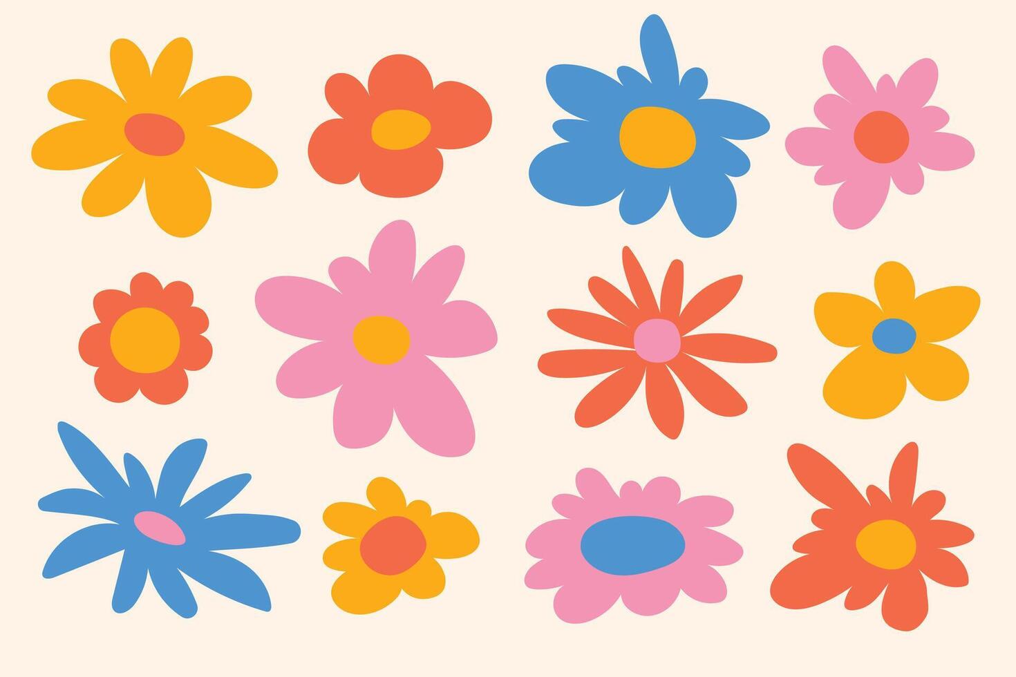 A collection of 12 colorful retro style flowers drawn in a loose scribble style. Great for DIY projects, stickers, design kits, and illustrations. vector