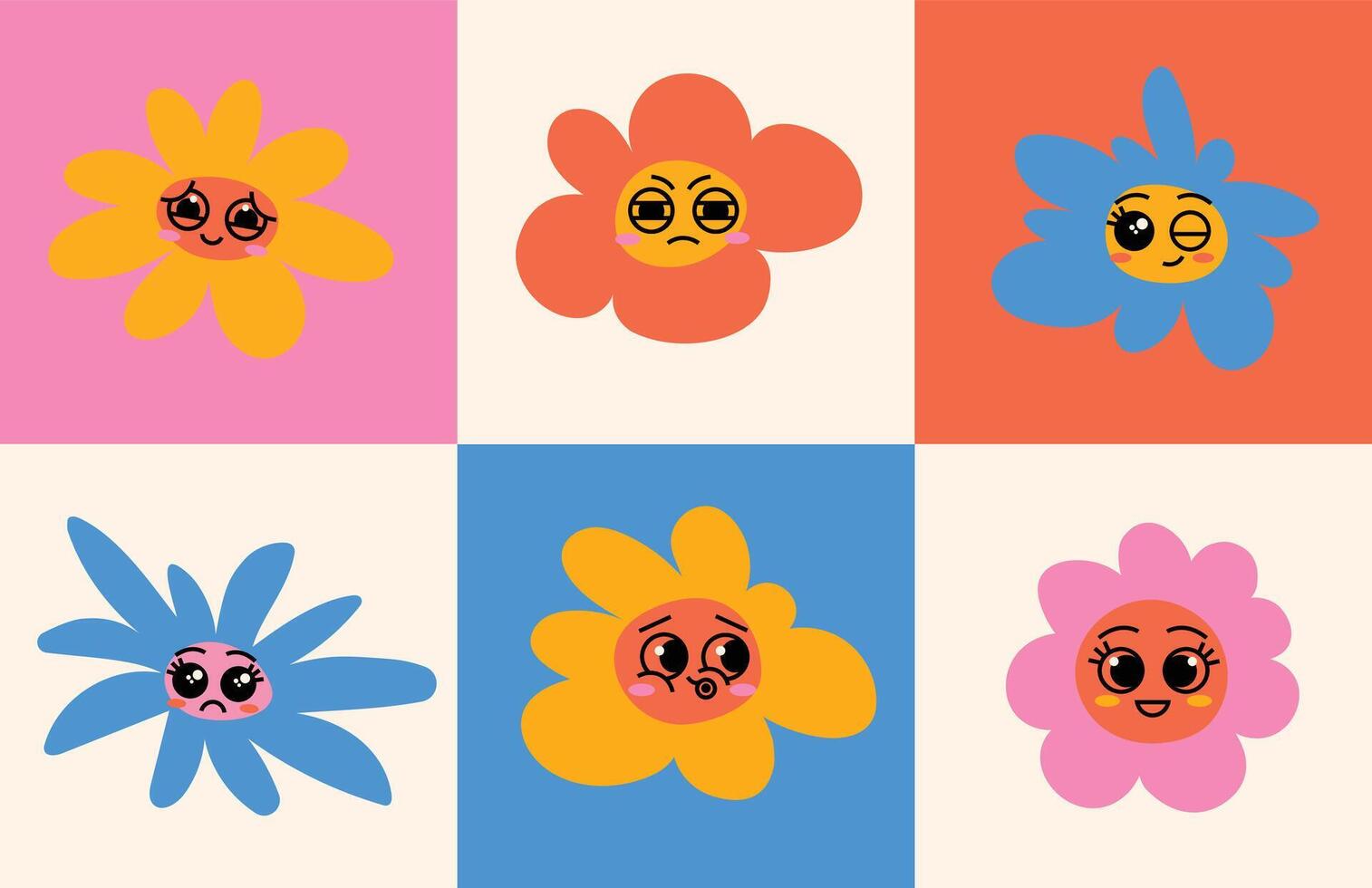 A collection of hand drawn retro style flowers in a bold color palette. Perfect for use in design projects, prints, packaging, and digital art. vector