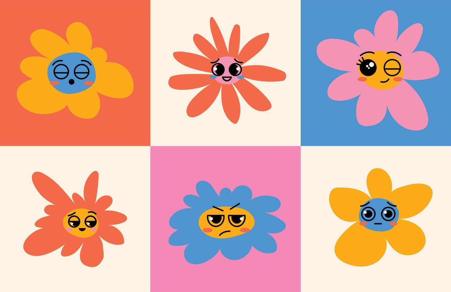 Whimsical hand-drawn retro flowers with expressive cartoon-style faces. Great for stickers, prints, apparel, and playful design projects. vector
