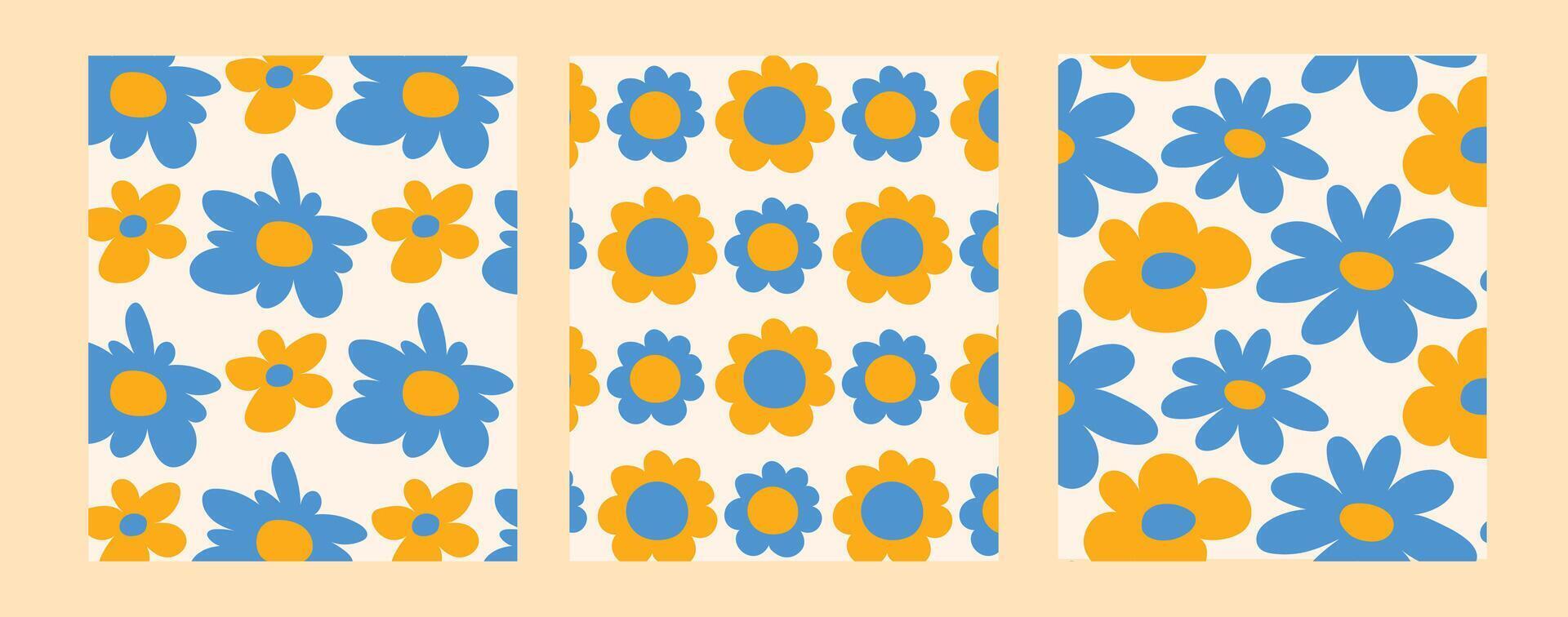 Retro Floral Pattern Pack Blue and Yellow. A set of three retro floral patterns in cheerful blue and yellow tones. Ideal for textiles, packaging, wrapping paper, and digital use. vector