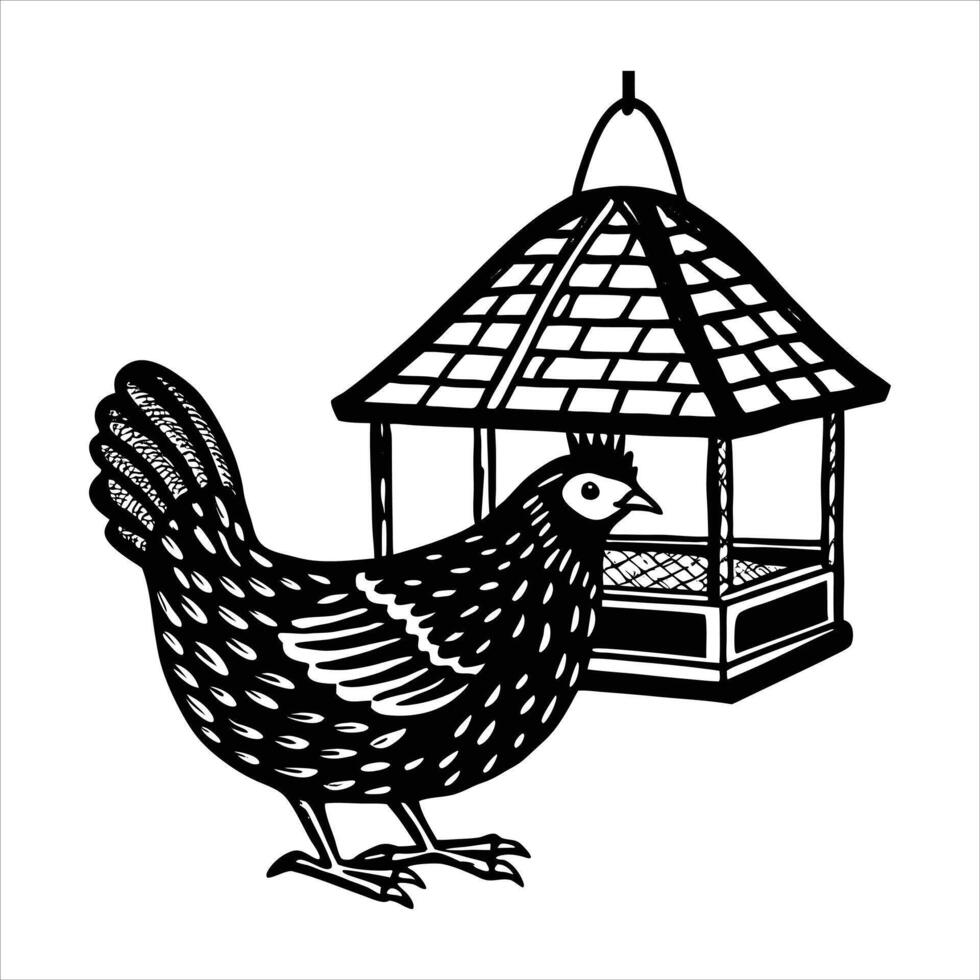 hen feeding from a hanging feeder vector