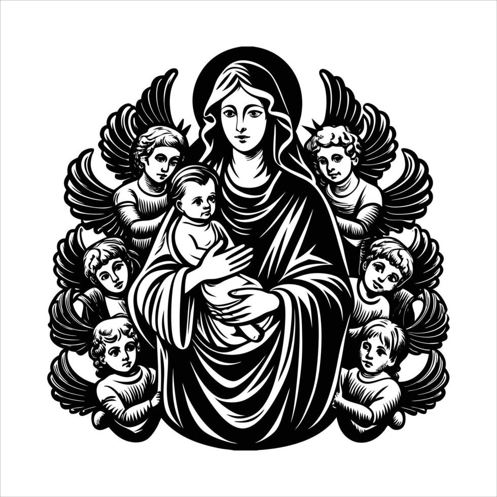 virgin mary with baby jesus and angels vector