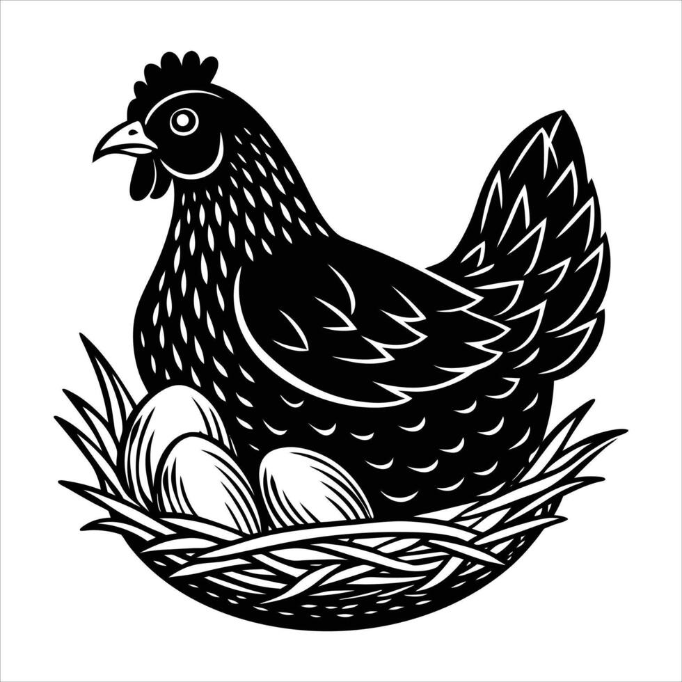 A hen sitting on a nest of freshly laid vector