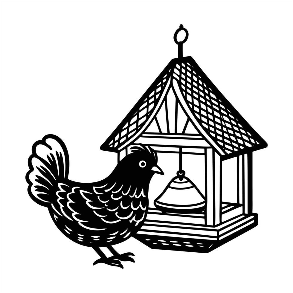 a hen feeding from a hanging feeder vector