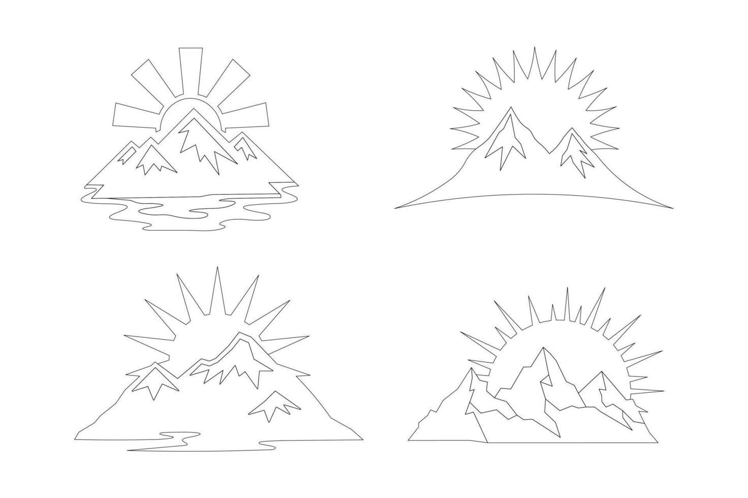 Editable Mountain Peaks with Sun Logo Sets, mountain peak sunrise logo , mountain landscape with sun vector