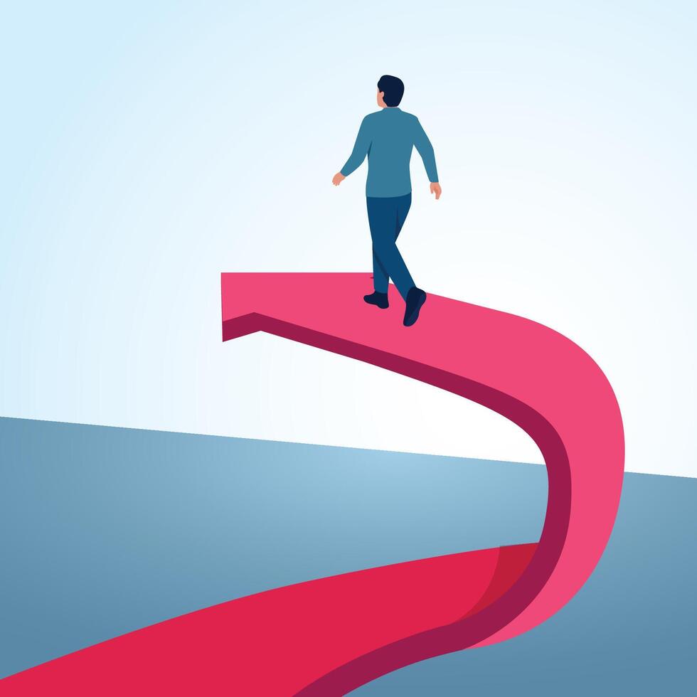 A man walking on an arrow that changes direction. A metaphorical illustration for better change, changing opportunities and business strategies. vector