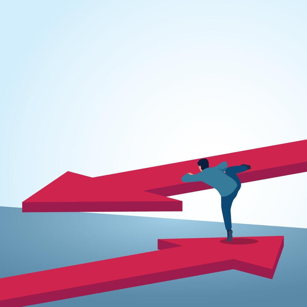 A man riding an arrow in a different direction. A metaphorical illustration for better change, changing opportunities and business strategies. vector