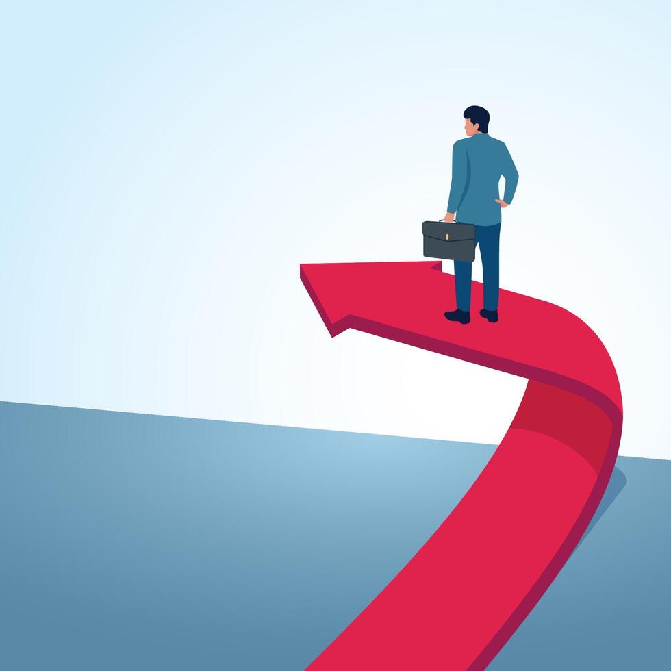 A man standing on an arrow that changes direction. A metaphorical illustration for better changes, changing opportunities and business strategies. vector