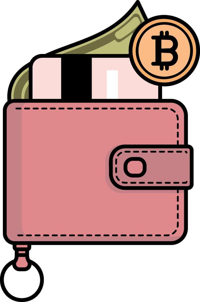 Wallet icon with bitcoin coin cash and credit cards flat design vector