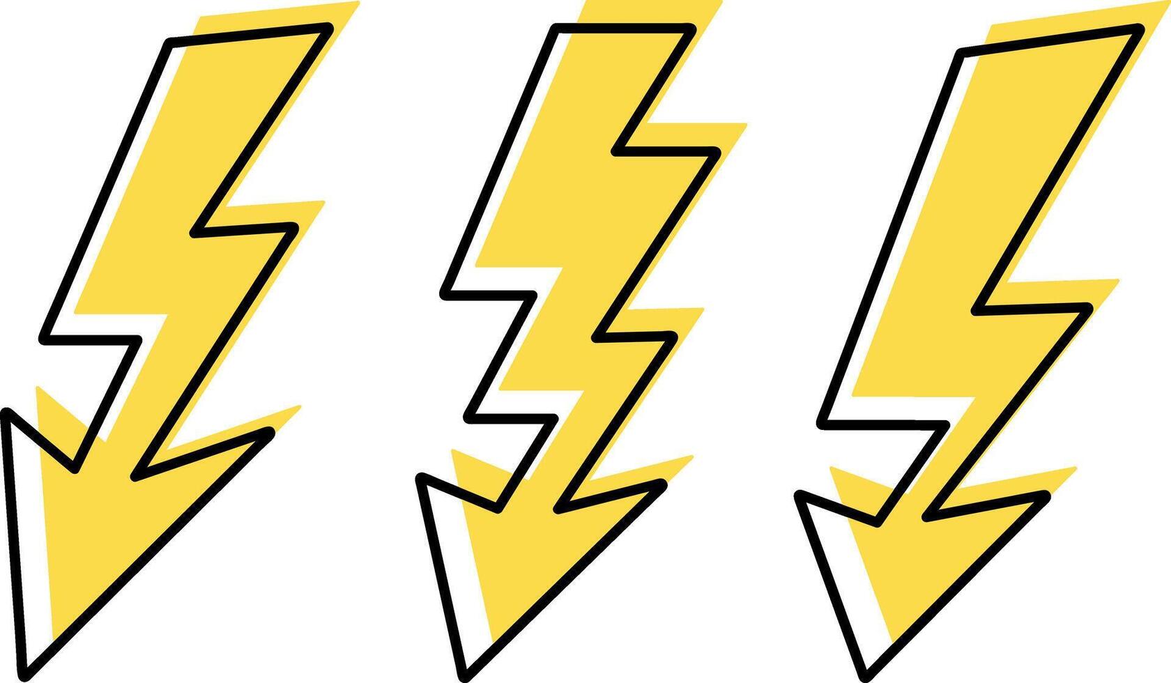 Doodle yellow lightning set icon. Thunder charging power for electricity and batteries collection vector