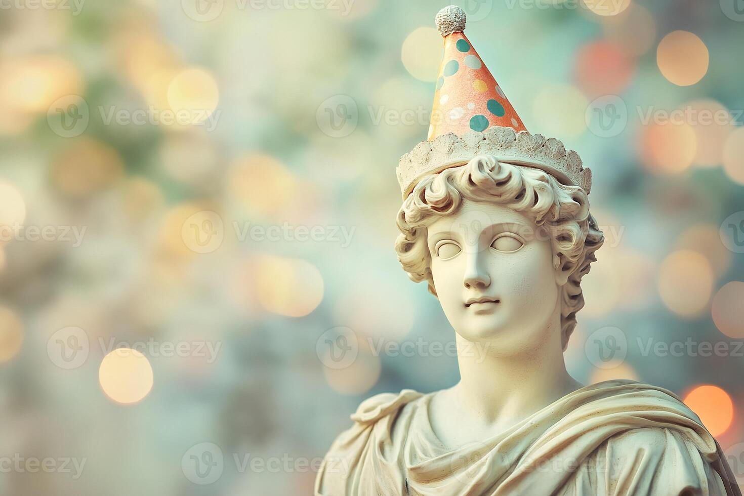 birthday card greek antique male sculpture in festive party hat on blurred bokeh lighting background photo