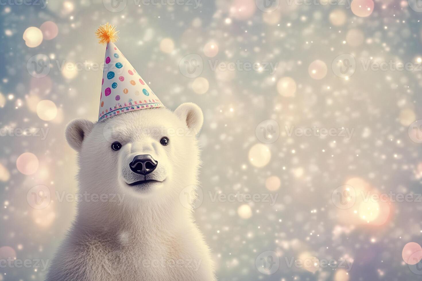 cartoon style cheerful fluffy polar bear in festive party hat on blurred bokeh background cute birthday card with copy space photo