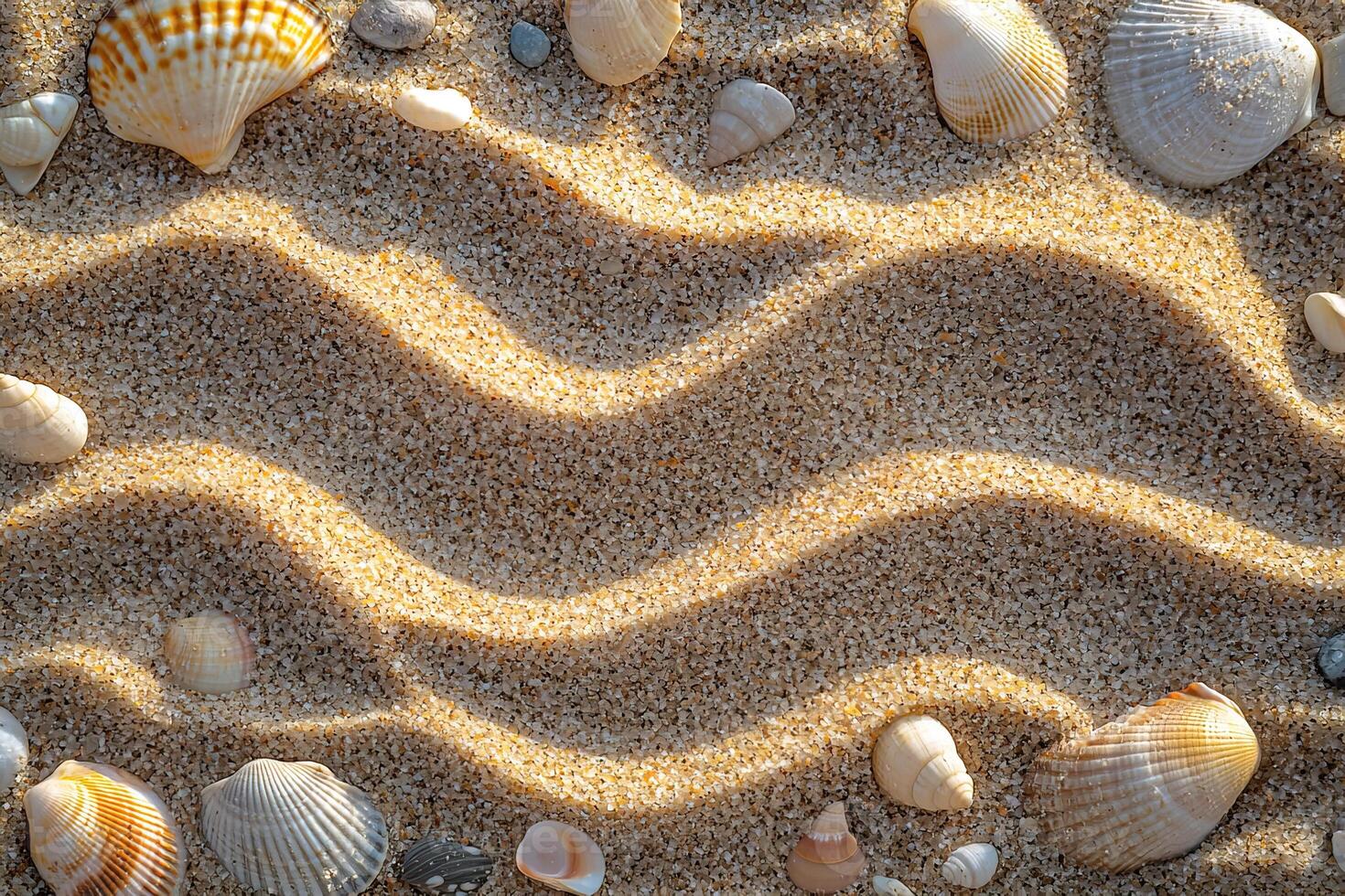 top view seashells lie on sunlit sand, design layout concept of summer vacation, resort with copy space photo