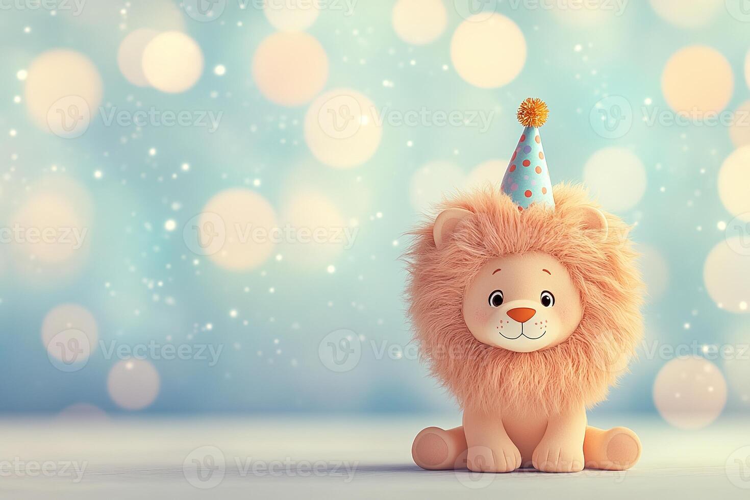 adorable cartoon charming toy lion in festive party hat on pastel colors blurred bokeh background with copy space photo