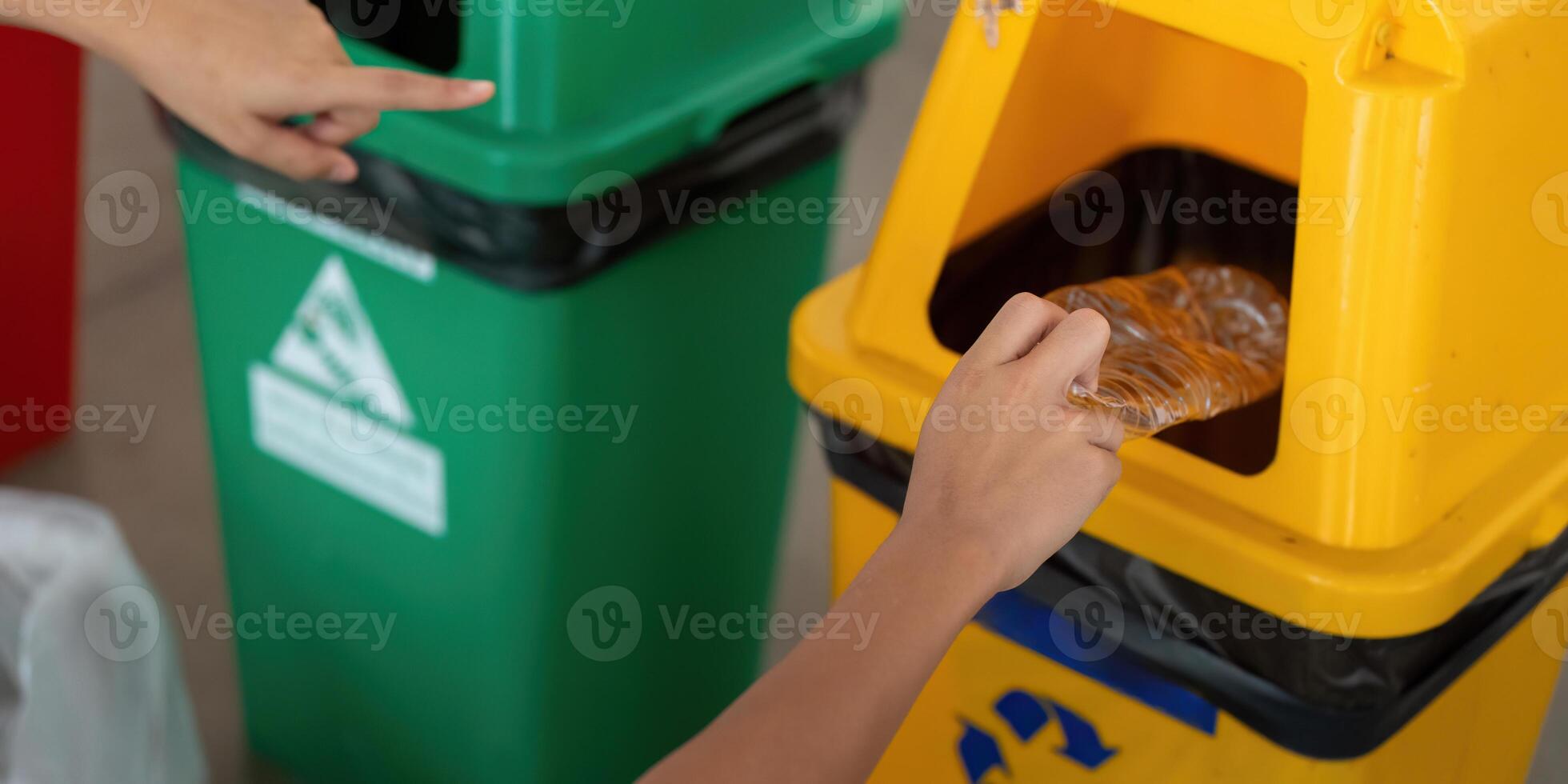 Environmental Responsibility and Family Engagement. A child correctly disposes of plastic in a recycling bin. photo