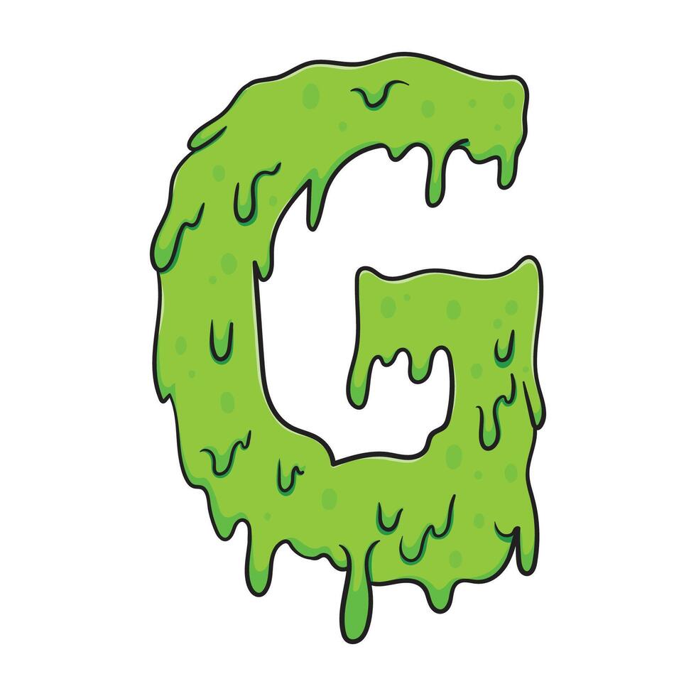 Slime green letter G in a gooey, dripping cartoon style. Fun, spooky, and grossly creative design perfect for Halloween, games, posters, spooky kids projects, and slime themed content. vector