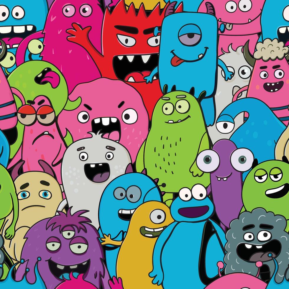 seamless pattern with cute monsters, bright background Hand drawn monsters in graffiti style, unique characters with different emotions vector