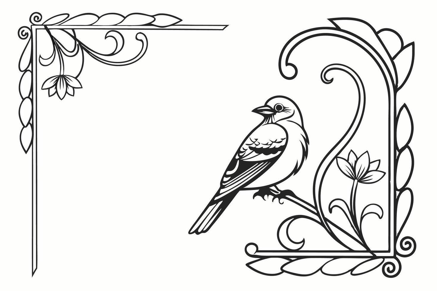 Bird on a branch with flowers and leaves coloring page design. vector