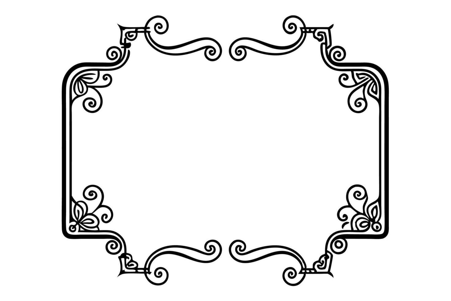 A black and white drawing of a frame with swirls design. vector